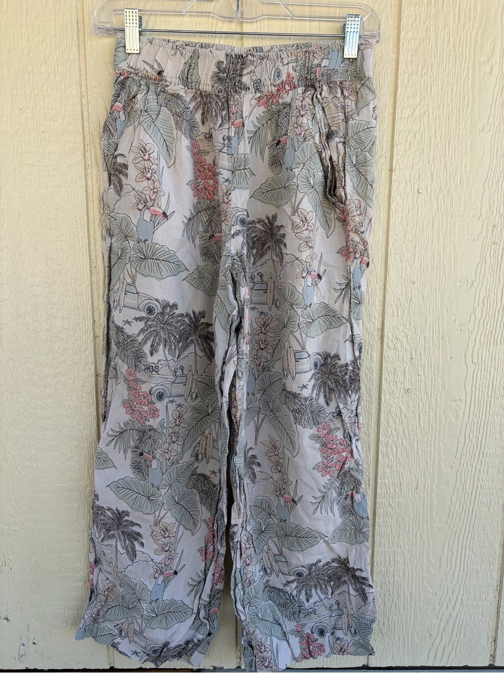 Women’s Tropical Print Lounge Pants - Light Gray with Pink Accents Size S